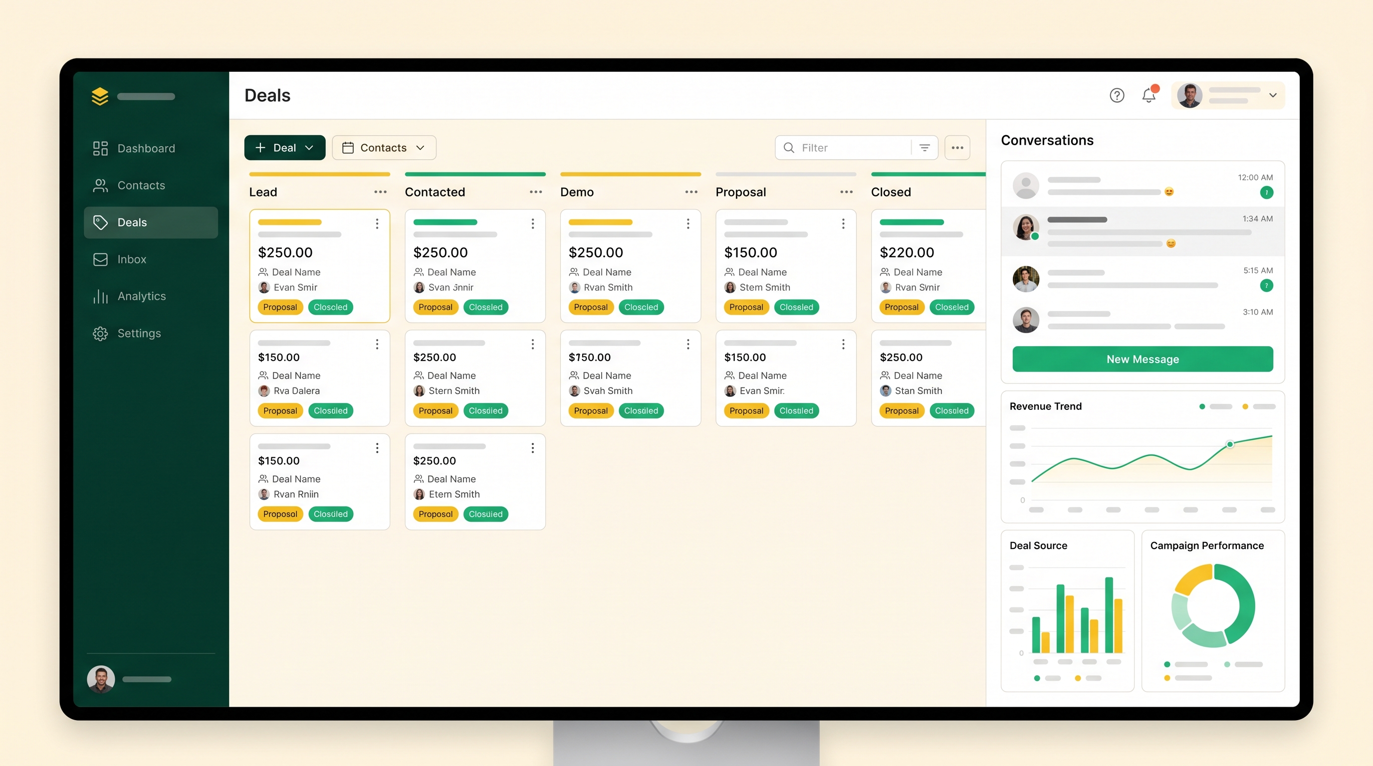 Pineapple Pulse CRM dashboard showing a sales pipeline, conversations inbox and analytics charts